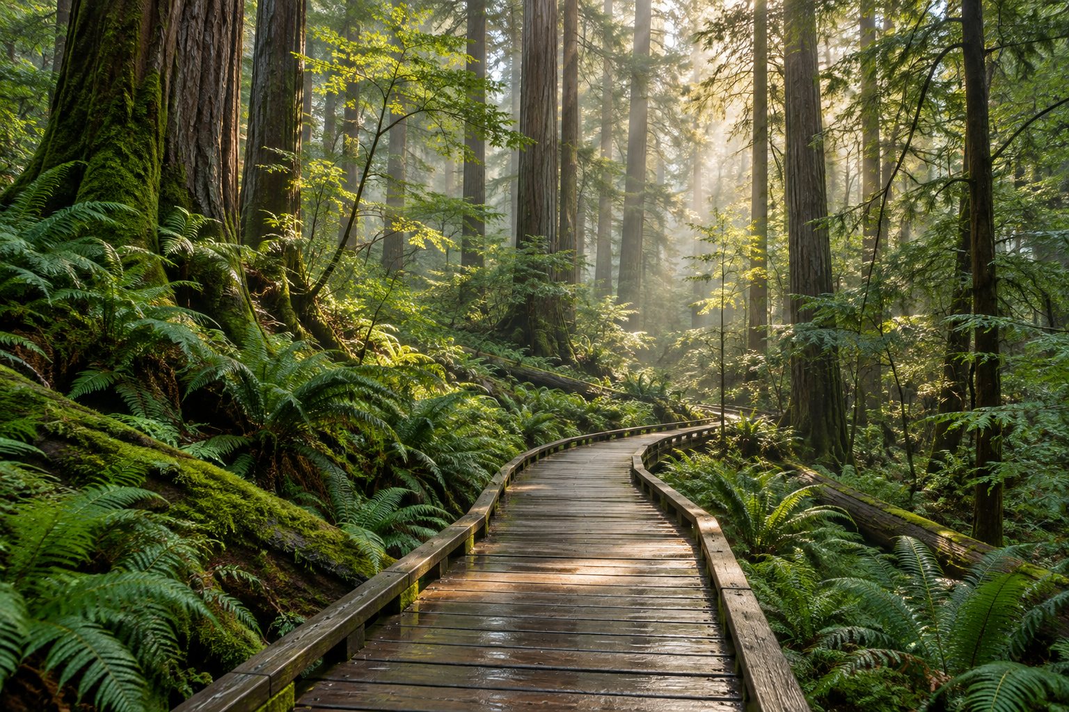 AI-generated fictional forest boardwalk, not a verified route